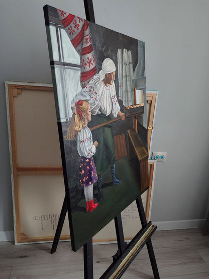 Oil painting of grandma making pies with girl by Oksana Sklym