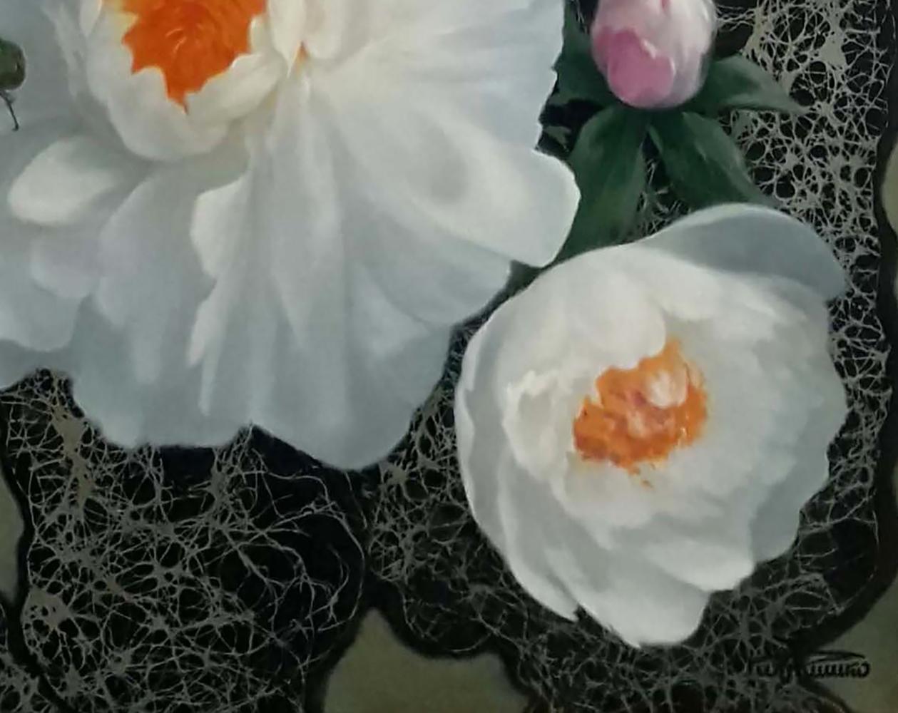 Delicate white peony with orange center oil painting by Vasily Korkishko