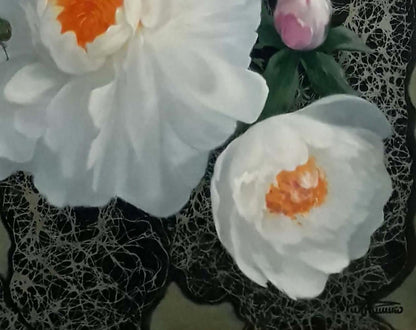 Delicate white peony with orange center oil painting by Vasily Korkishko