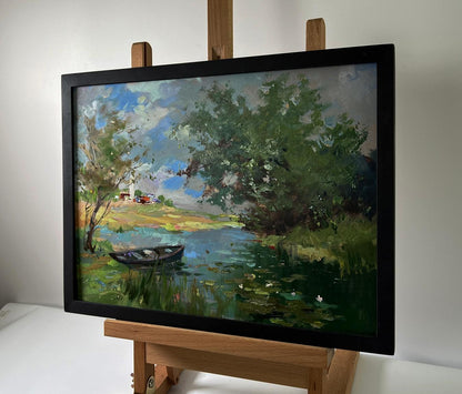 Framed impressionist oil painting of river near village by Yuriy Suprunchuk
