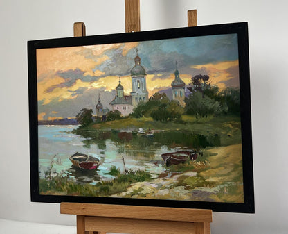 Oil painting The last rays over the temple by Yuriy Suprunchuk lakeside scene
