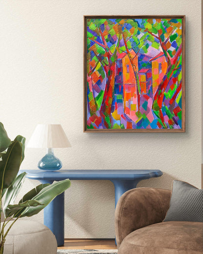 Oil painting Houses through the trees by Peter Dobrev in wooden frame