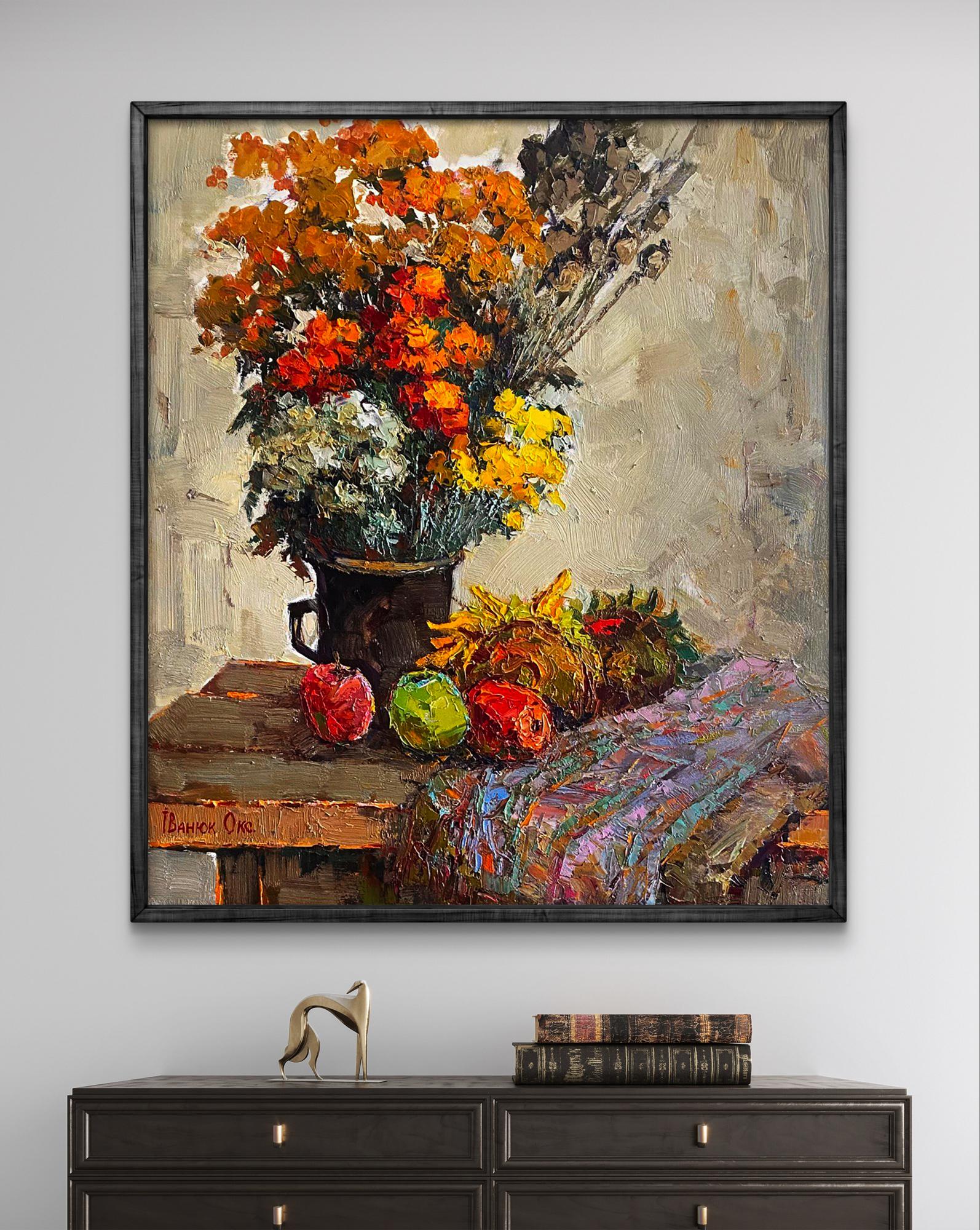 Oil painting by Oksana Ivanyuk: vibrant orange yellow florals in dark vase