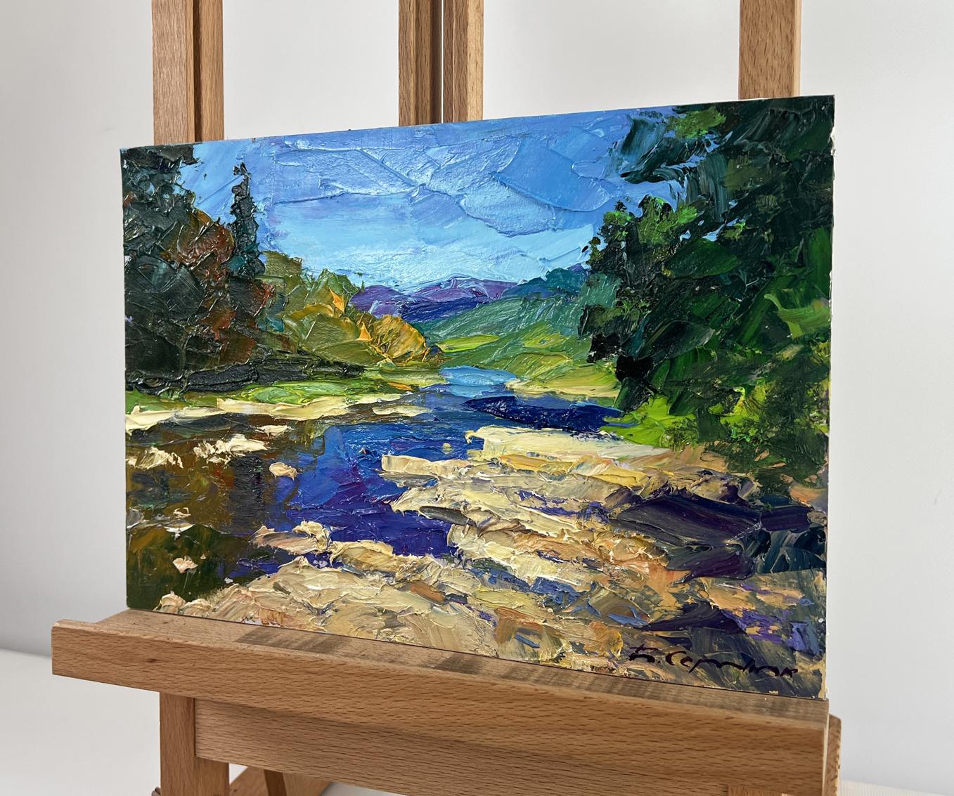 Vibrant impasto oil painting of river against mountain slopes by Boris Serdyuk