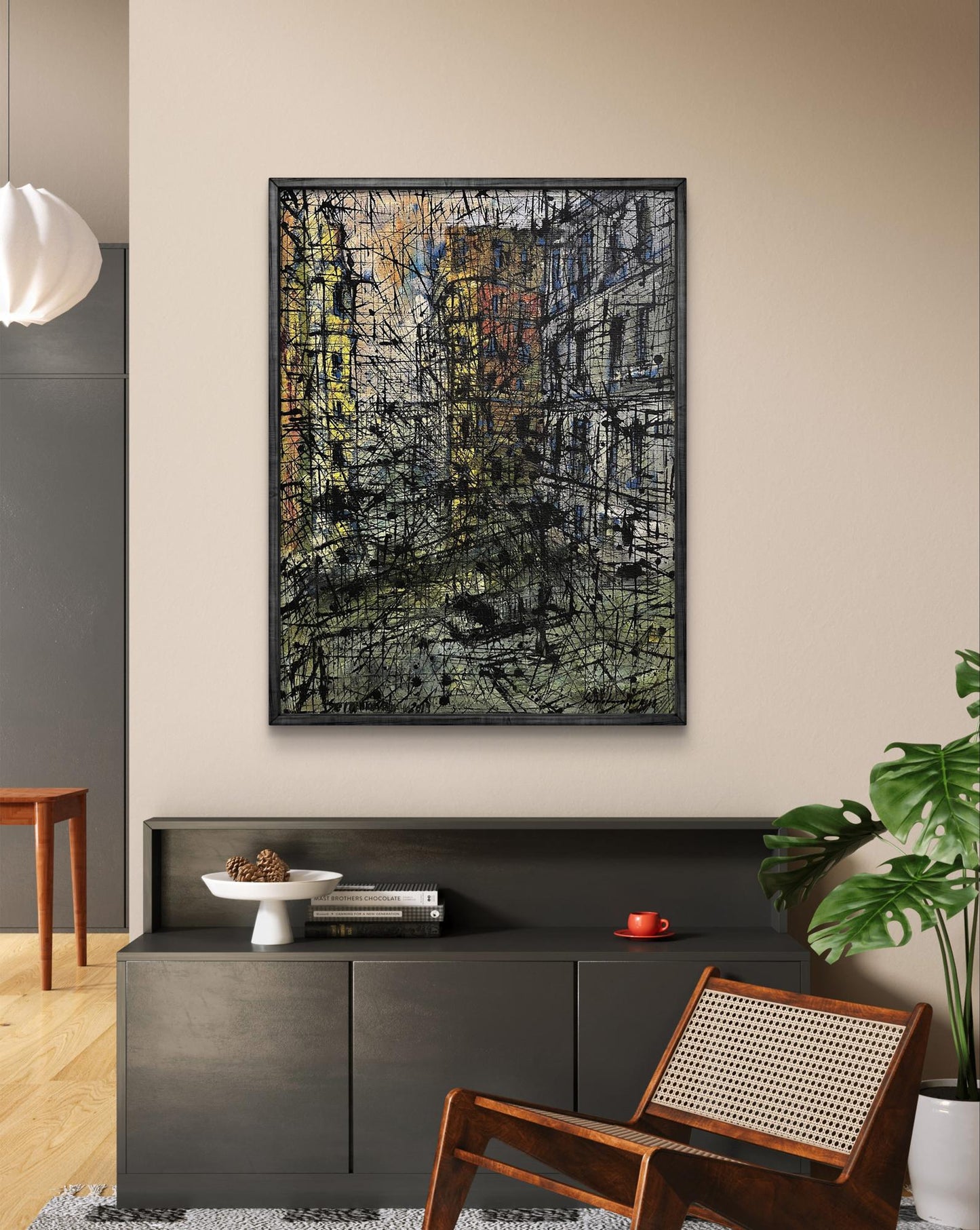 Oil painting Graphic of the Cities by Serhiy Kovalev, abstract black gray yellow strokes in black frame
