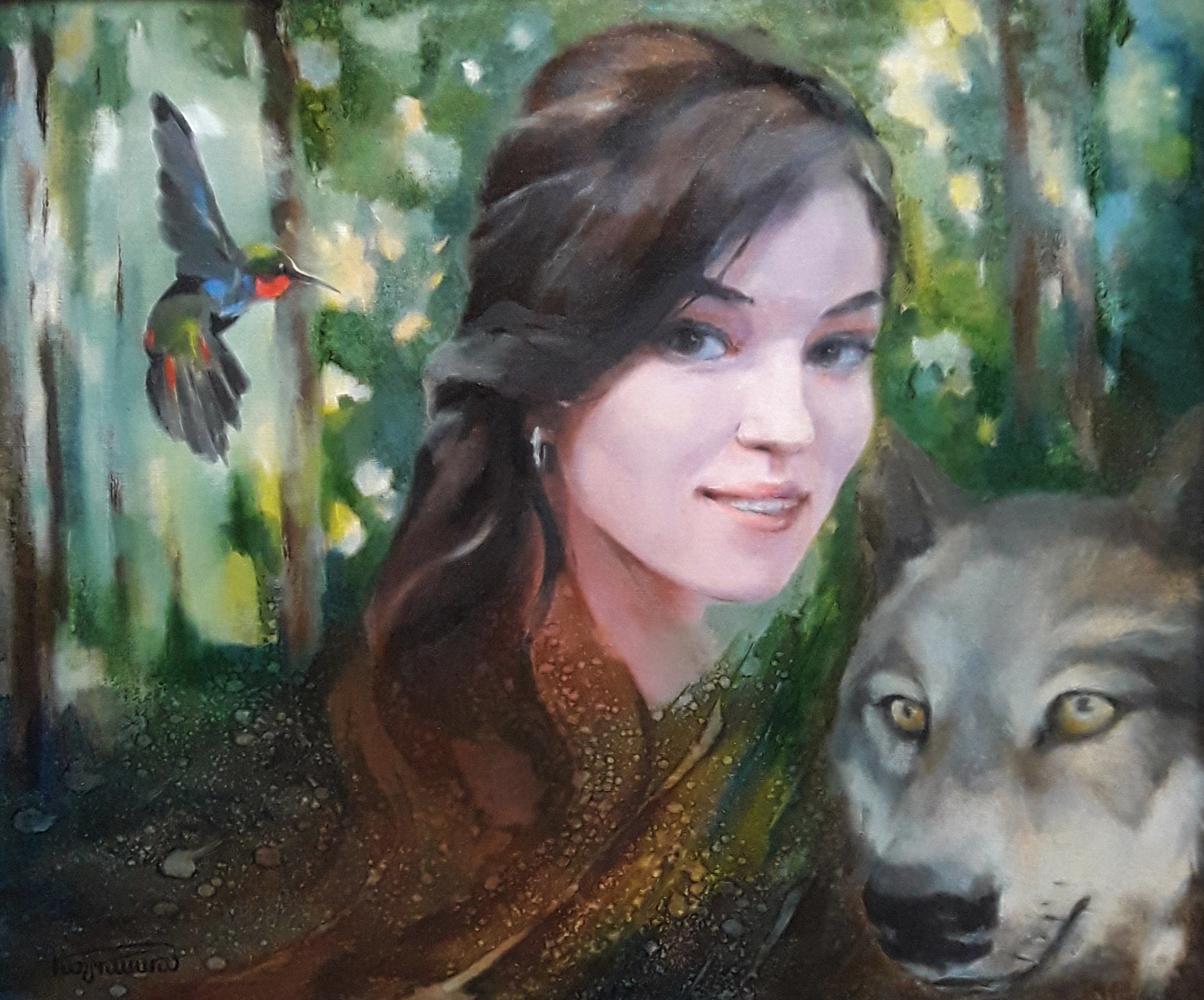 Oil painting portrait of woman with brown hair and wolf by Vasily Korkishko