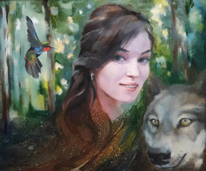 Oil painting portrait of woman with brown hair and wolf by Vasily Korkishko