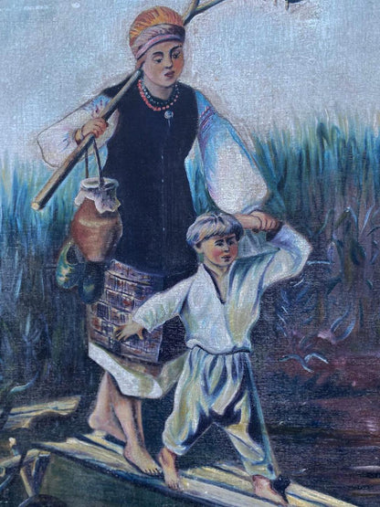 Oil painting of woman with jug on shoulder beside child, unknown artist