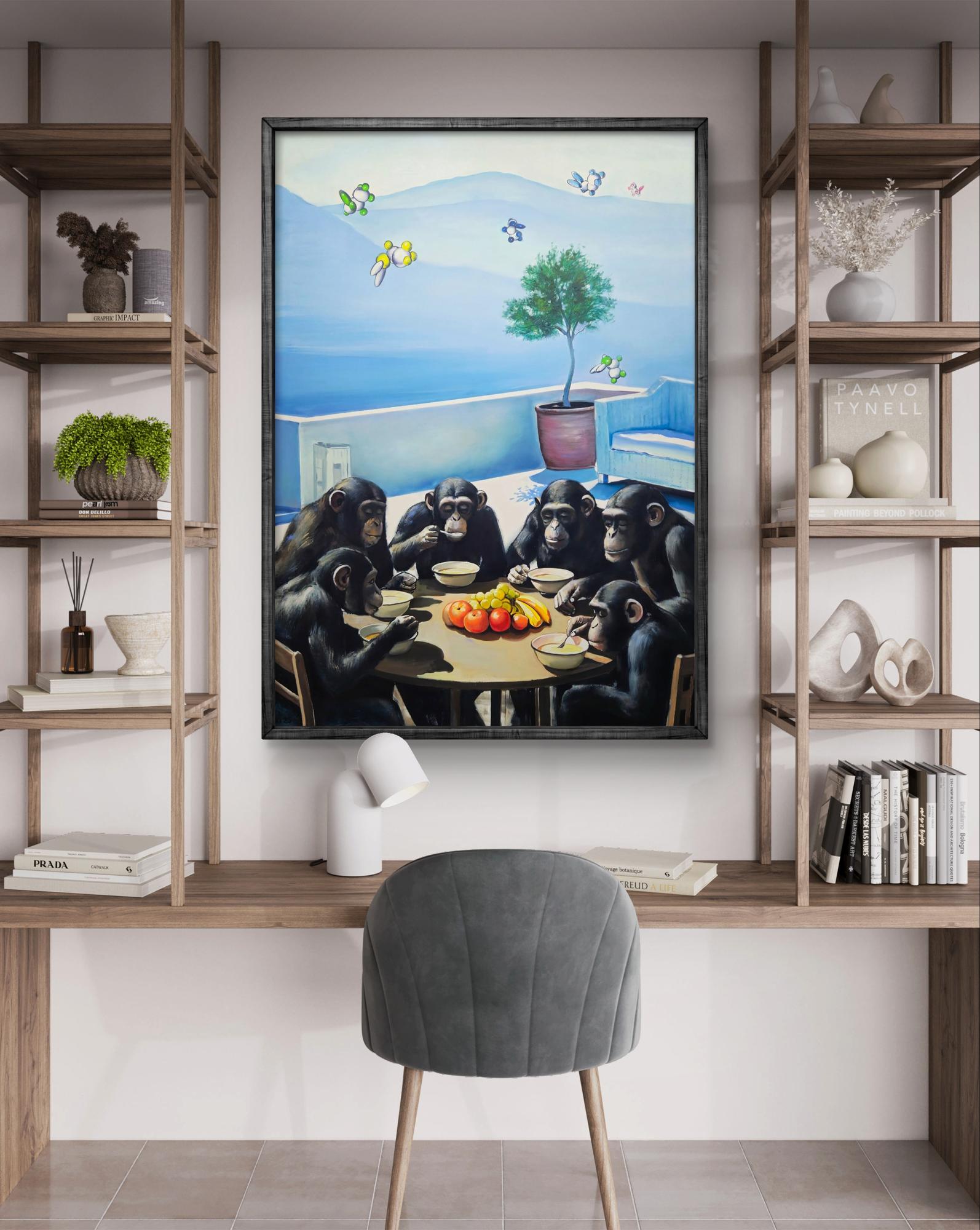 Oil painting Monkeys on vacation by Igor Konovalov with chimpanzees at table