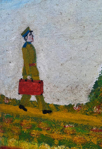 Oil painting of soldier in olive uniform carrying red suitcase home from duty