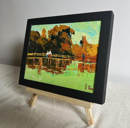 Oil painting Walking on the river bridge by Oksana Ivanyuk, abstract textured landscape