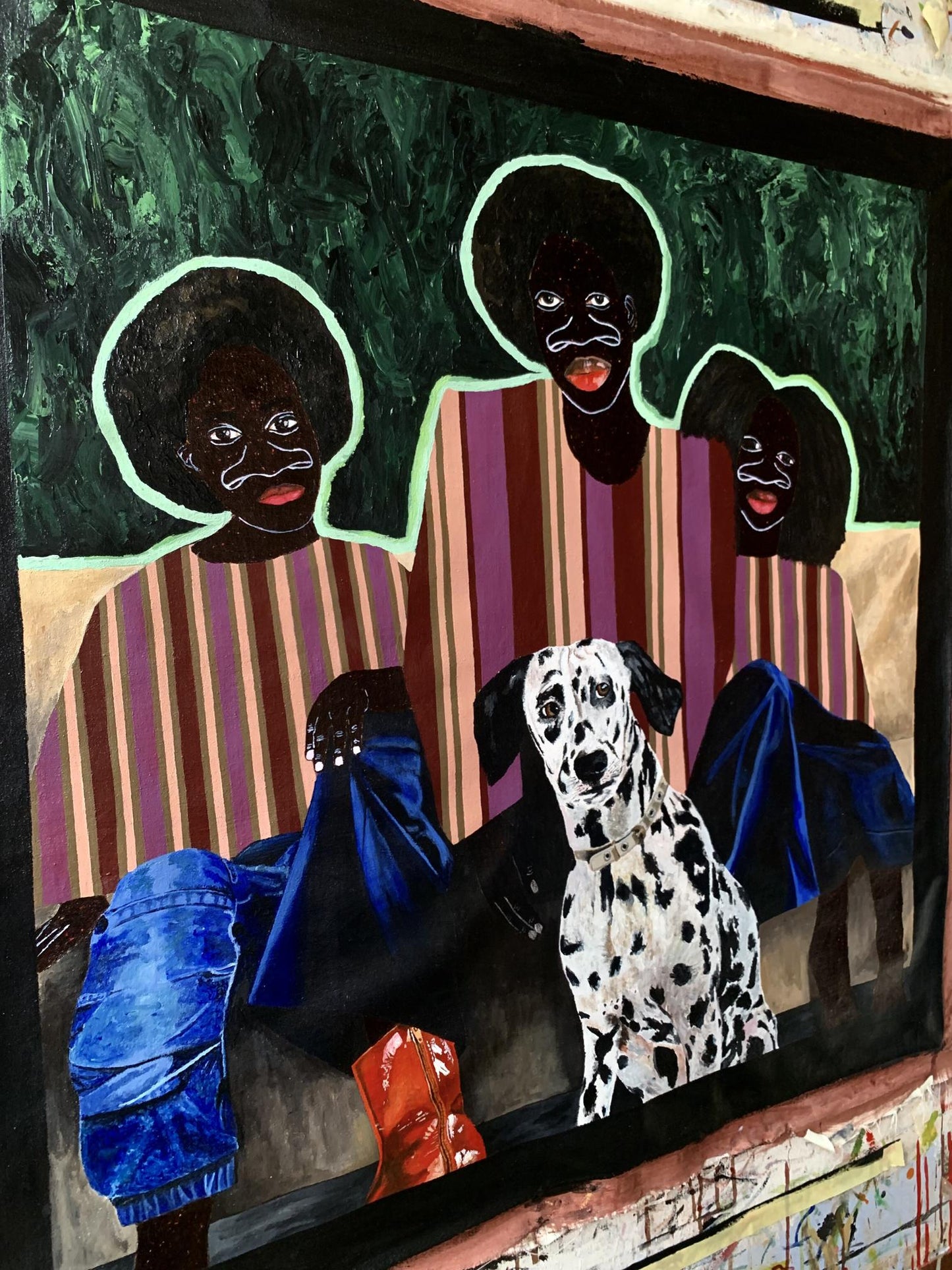 Vibrant Bound by Light acrylic painting by Akintomide Akinshola with afros, stripes, dalmatian