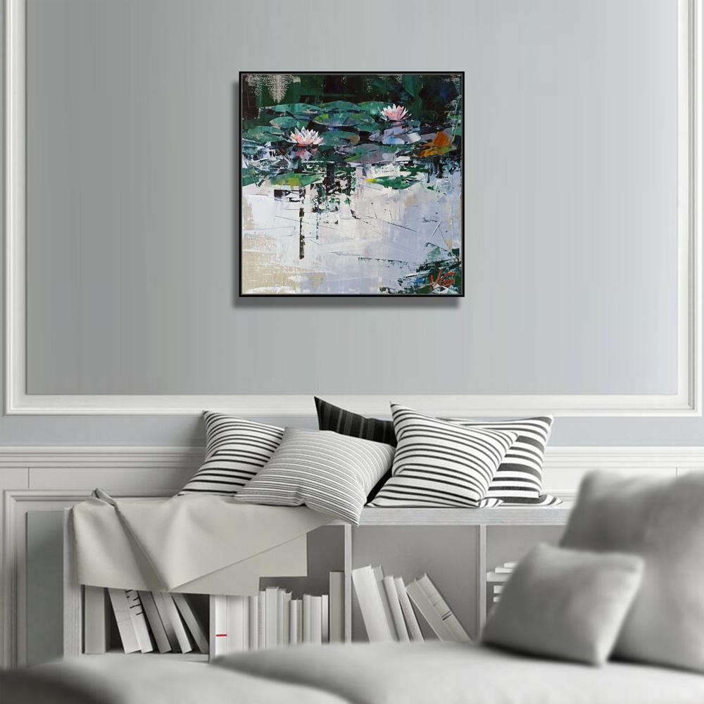 Framed oil painting Water lilies Volodymyr Gluhomanyuk with pink lilies and green leaves