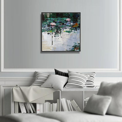 Framed oil painting Water lilies Volodymyr Gluhomanyuk with pink lilies and green leaves
