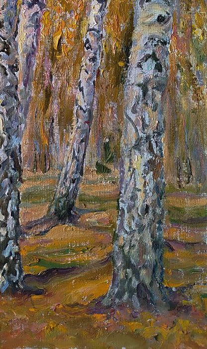 Oil painting of autumn birch forest by Leonid Pavlenko