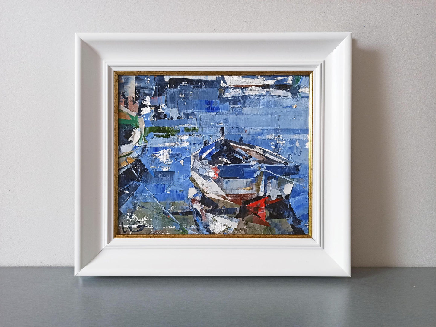 Oil painting Moored boat by Volodymyr Gluhomanyuk, harbor scene