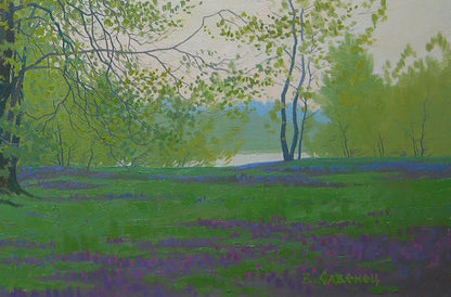 Oil painting April spring mood by Valery Savenets: sunlit meadow with purple wildflowers