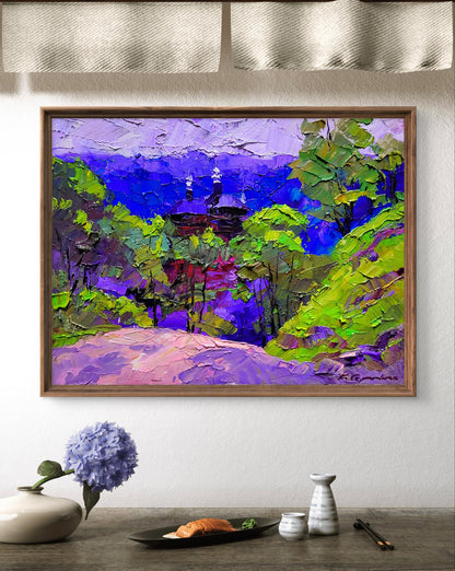 Oil painting of mountain motif by Boris Serdyuk in wooden frame