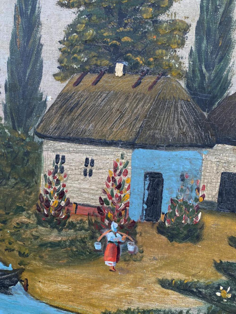 Oil painting of charming thatched cottage with blue door by unknown artist