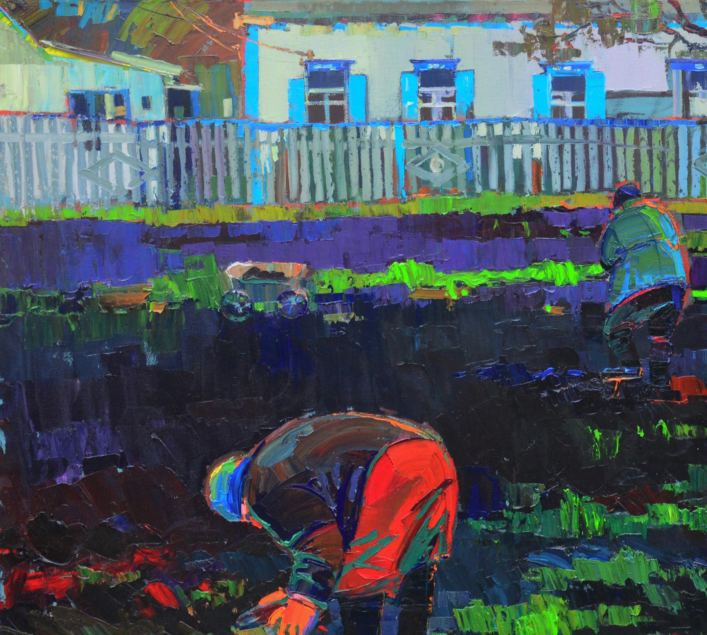 Vibrant red and blue figure bent over in dark earth field, Natalia Korf-Ivaniuk oil painting