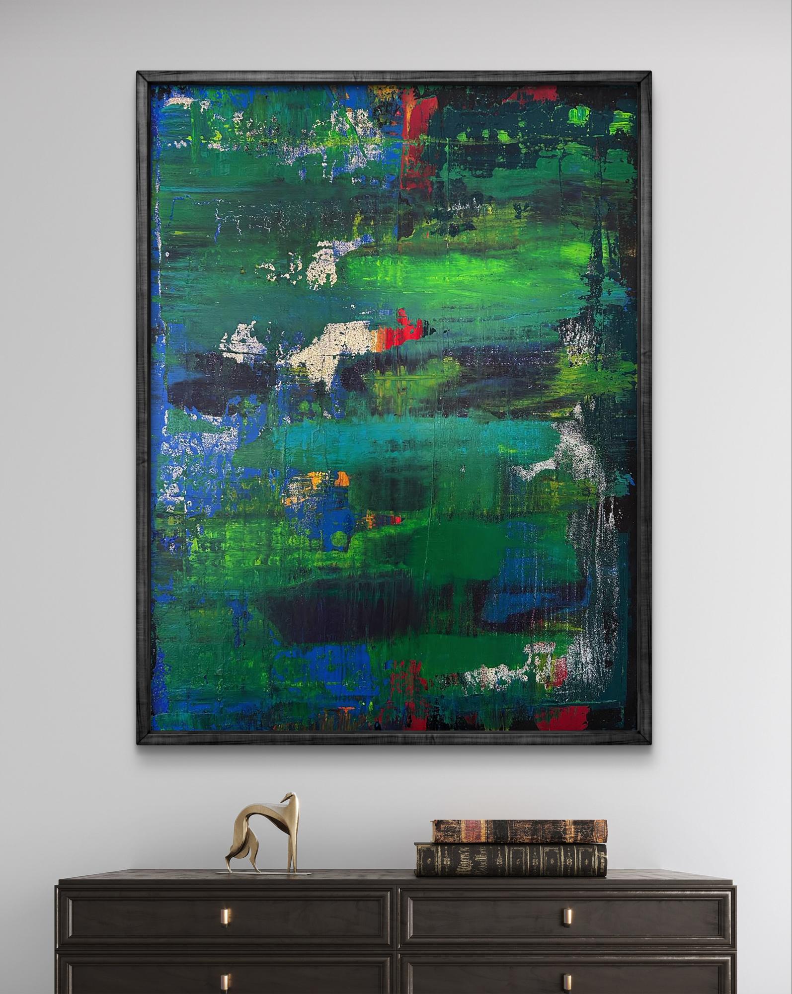 Vibrant Walk in the Forest acrylic painting by Olga Melezhik, green blue black strokes in dark frame