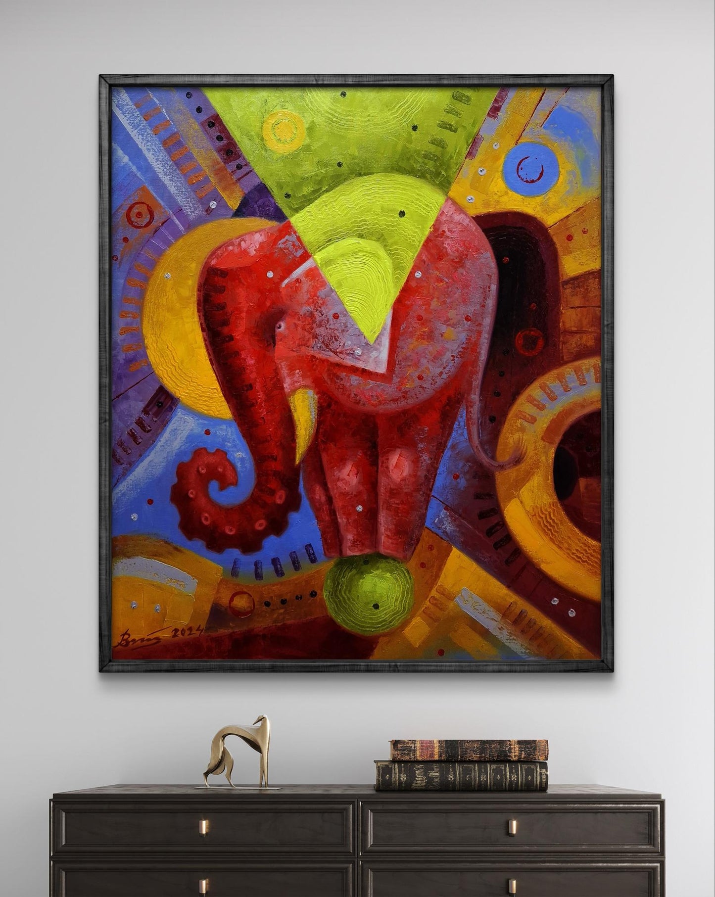 Vibrant oil painting In the Arena by Sergiy Voichenko: stylized red elephant on geometric backdrop