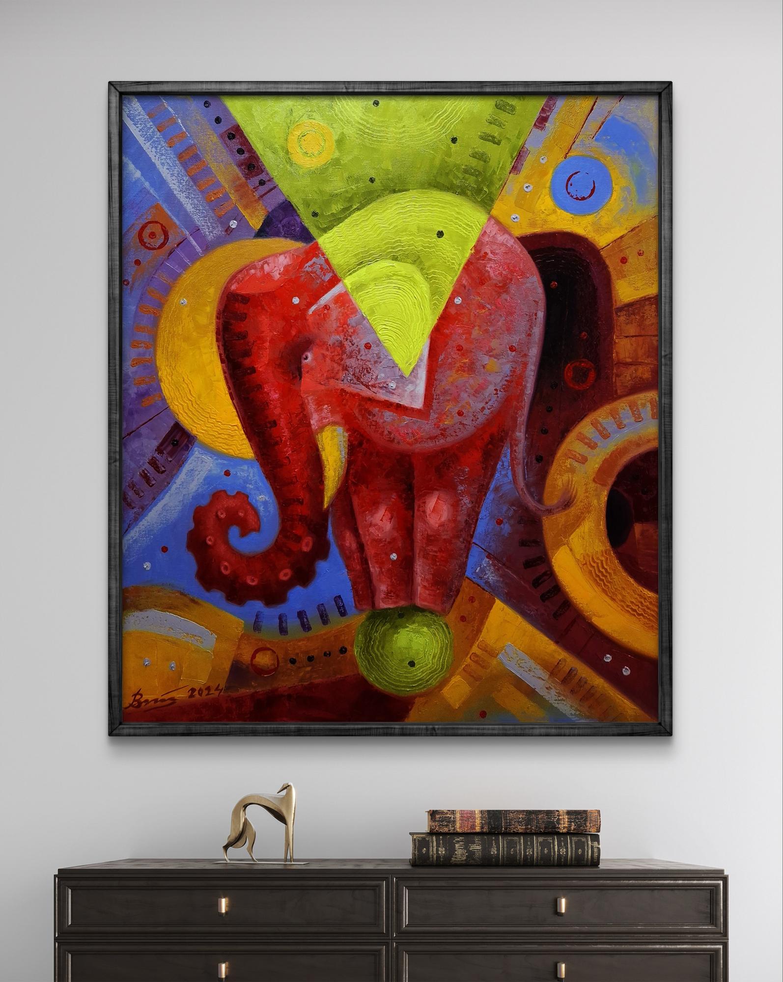 Vibrant oil painting In the Arena by Sergiy Voichenko: stylized red elephant on geometric backdrop