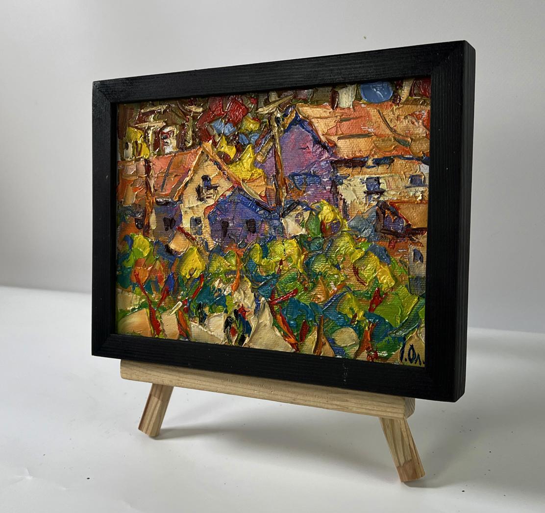 Vibrant oil painting of summer village heat by Oleksiy Ivanyuk in black frame