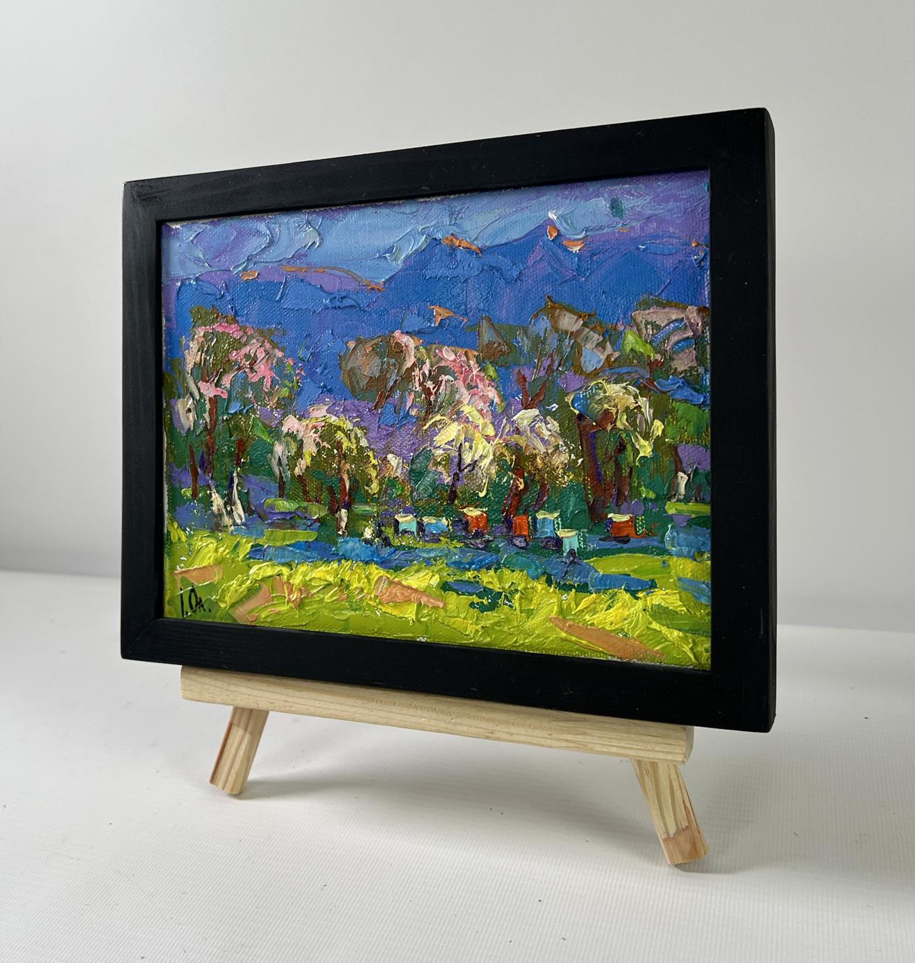 Oil painting Spring in the village by Oleksiy Ivanyuk in black frame