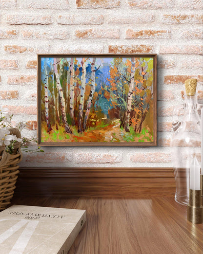Oil painting Autumn birch grove by Yuriy Suprunchuk, vibrant orange blue forest