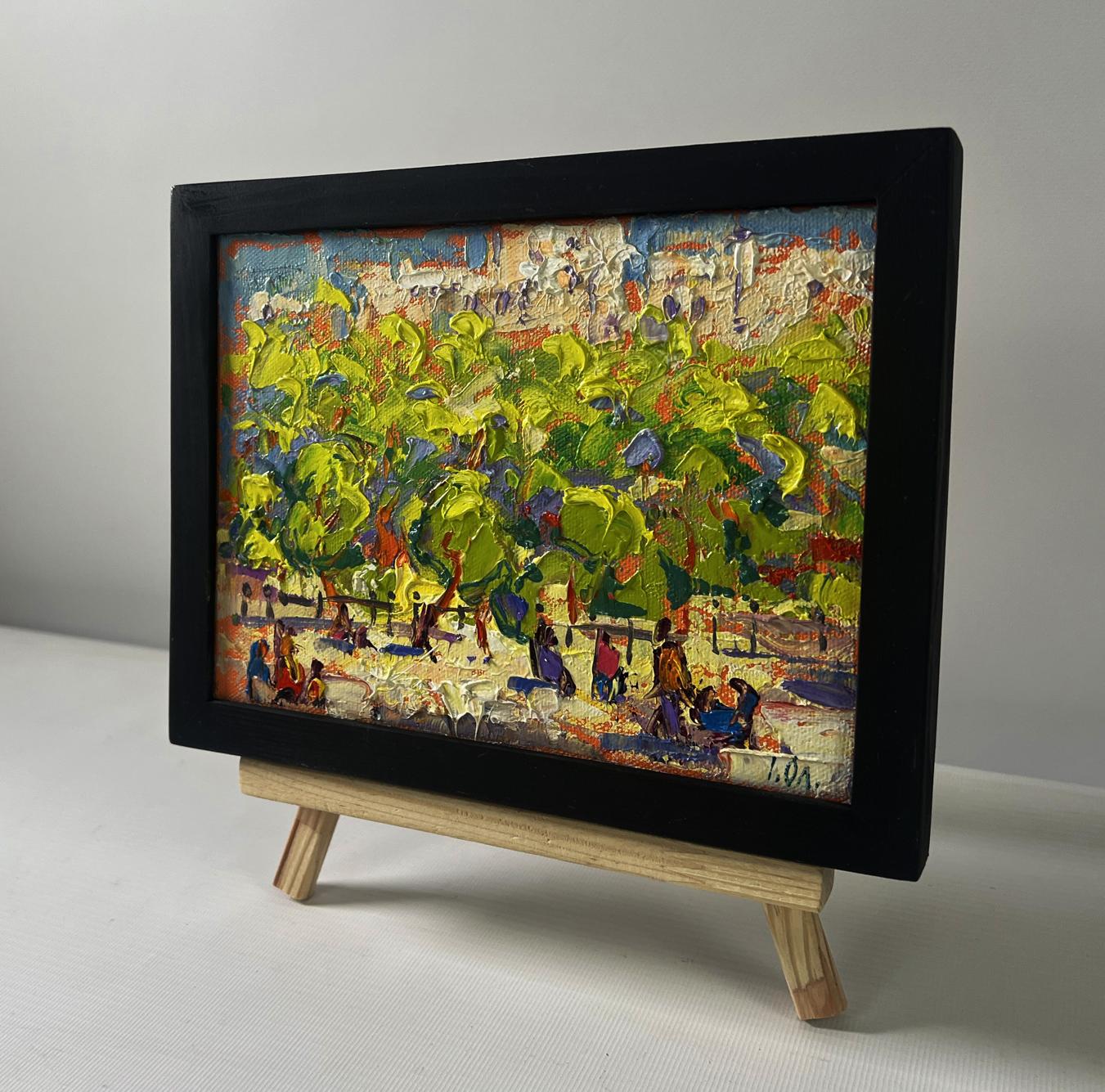 Oil painting Spring city in shade of trees by Oleksiy Ivanyuk in black frame