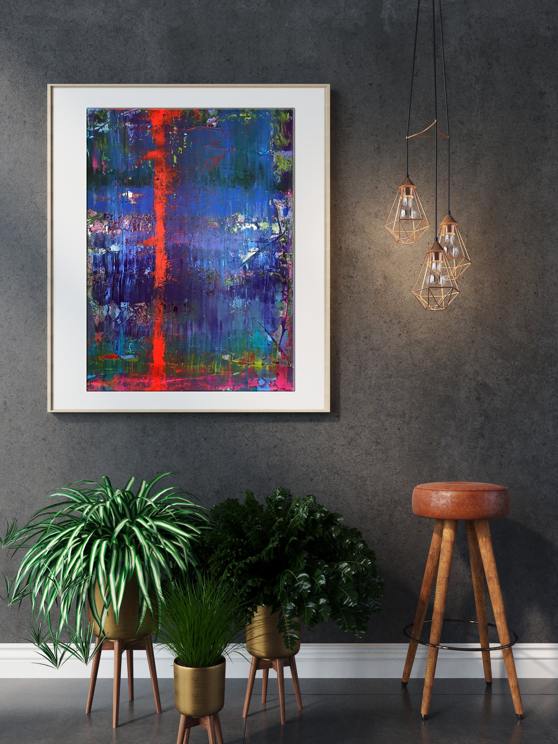 My red line: vibrant abstract painting in white frame with red, blue streaks
