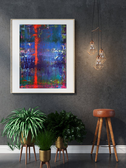 My red line: vibrant abstract painting in white frame with red, blue streaks