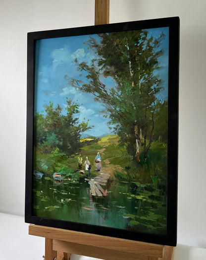 Oil painting At the village shore by Yuriy Suprunchuk in black frame
