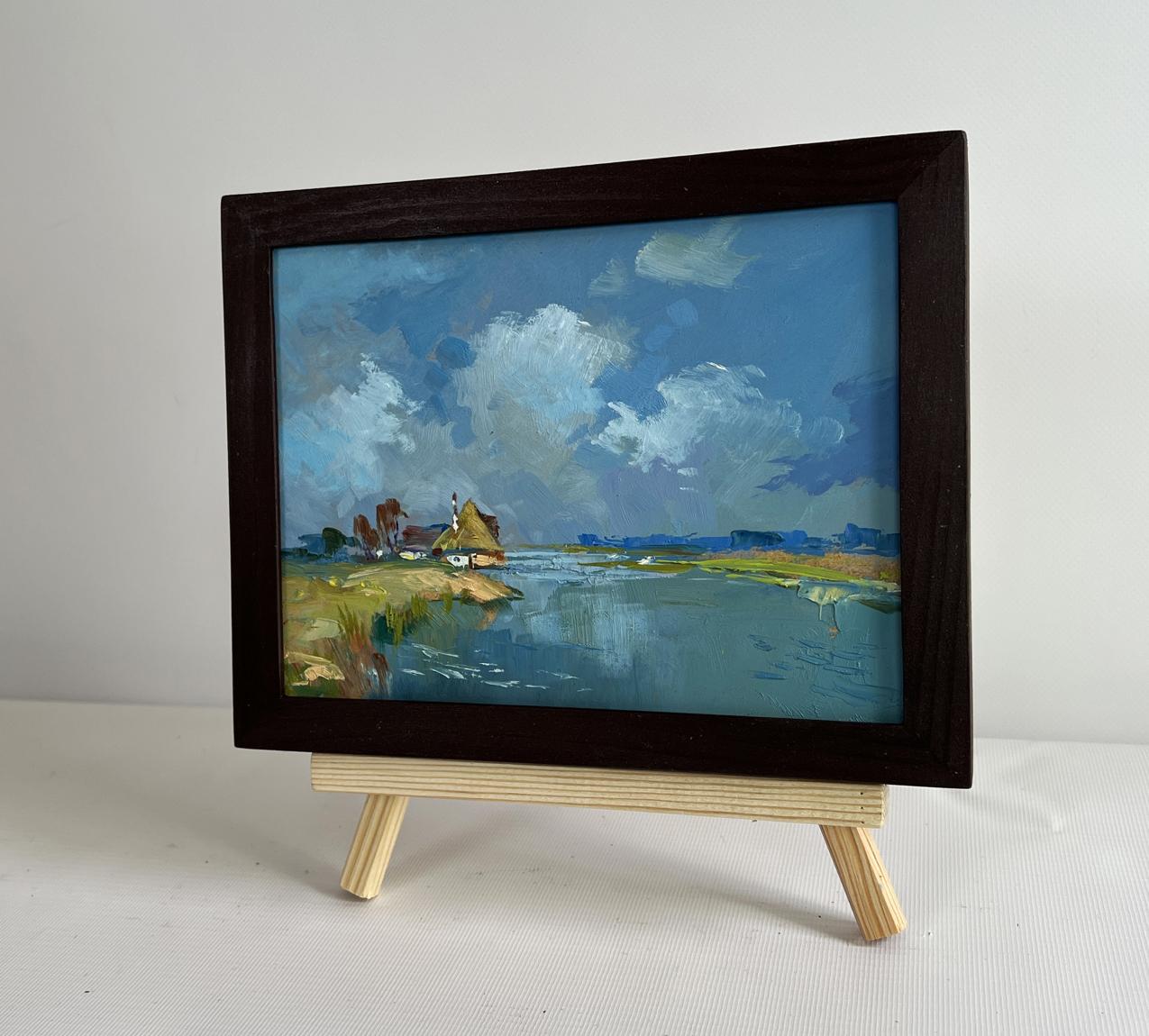 Oil painting Summer flood of the river by Yuriy Suprunchuk in dark wood frame