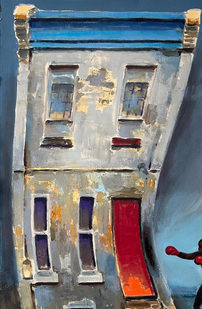 Acrylic painting Strike of Fate by Juan Angel Gonzalez de la Calle, weathered building with blue roof and red door