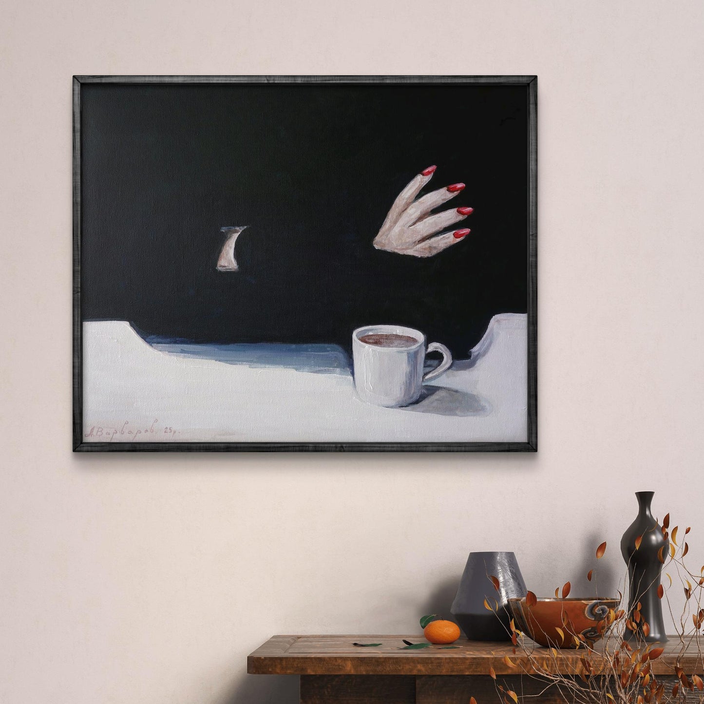 Acrylic painting Girl and coffee Anatoly Varvarov