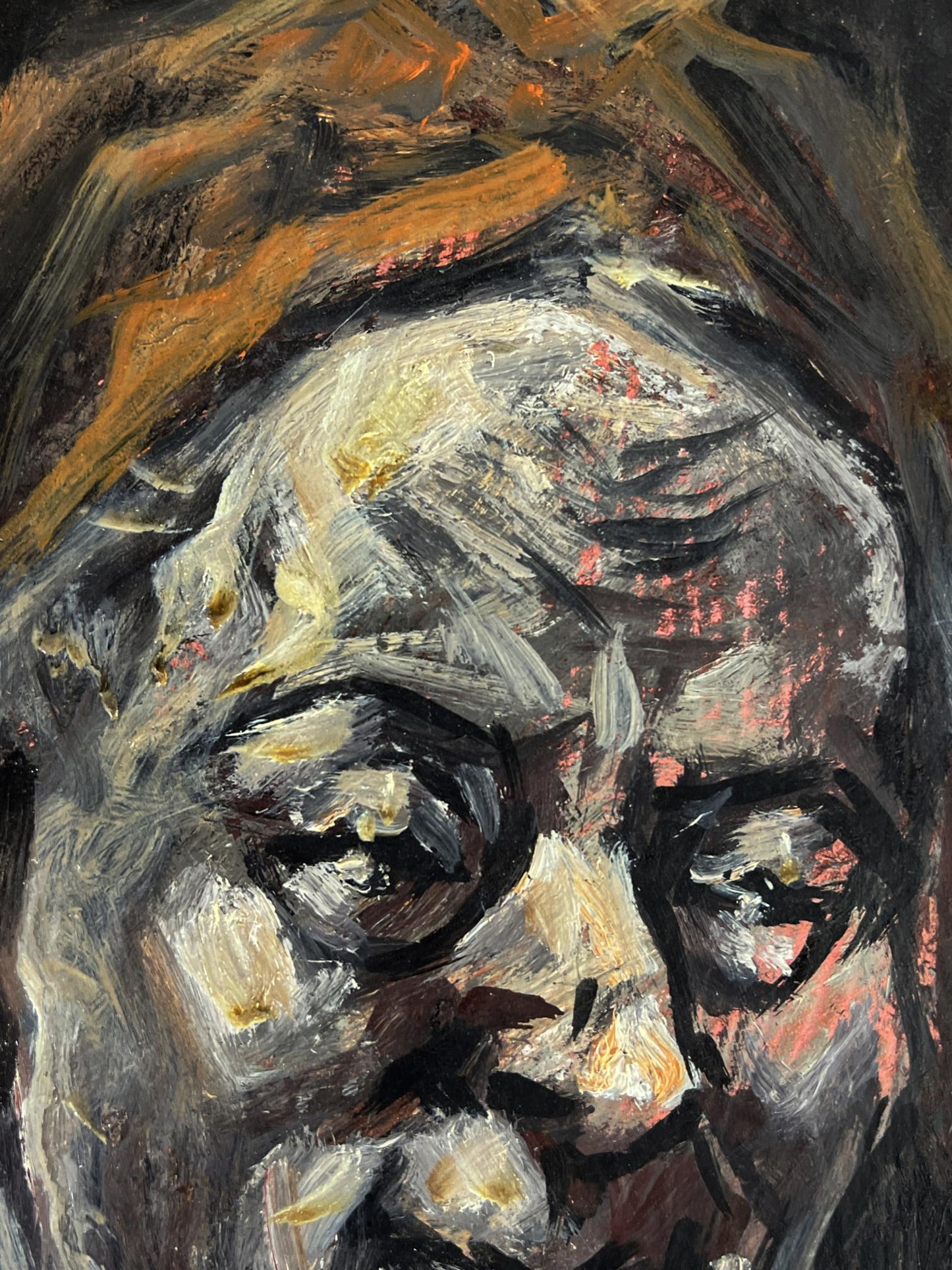 Oil painting portrait of man Alexander Litvinov in gray tones with orange red highlights
