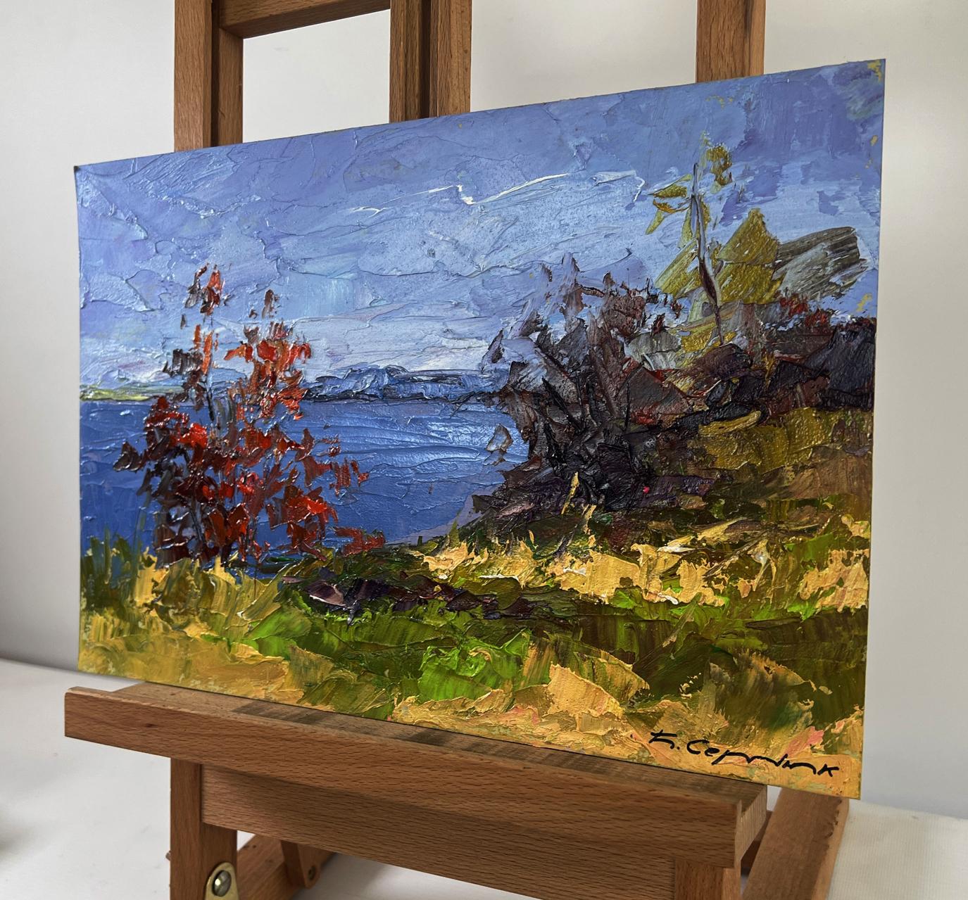 Oil painting Golden trees and blue horizon by Boris Serdyuk lakeside scene