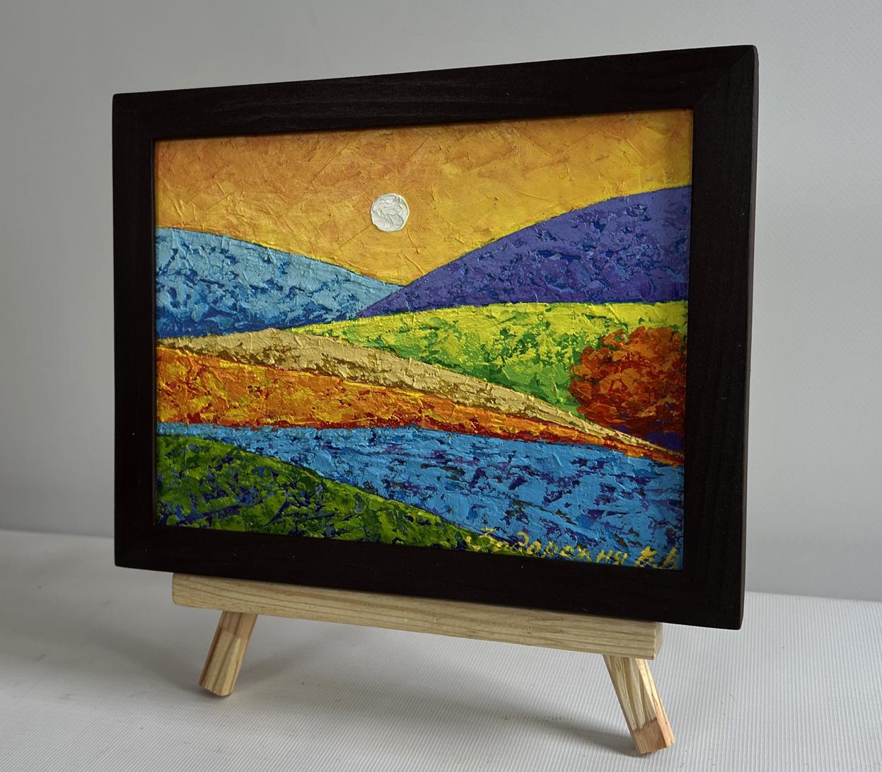 Oil painting Yellow rays of sunset by V. Zadorozhnya in black frame