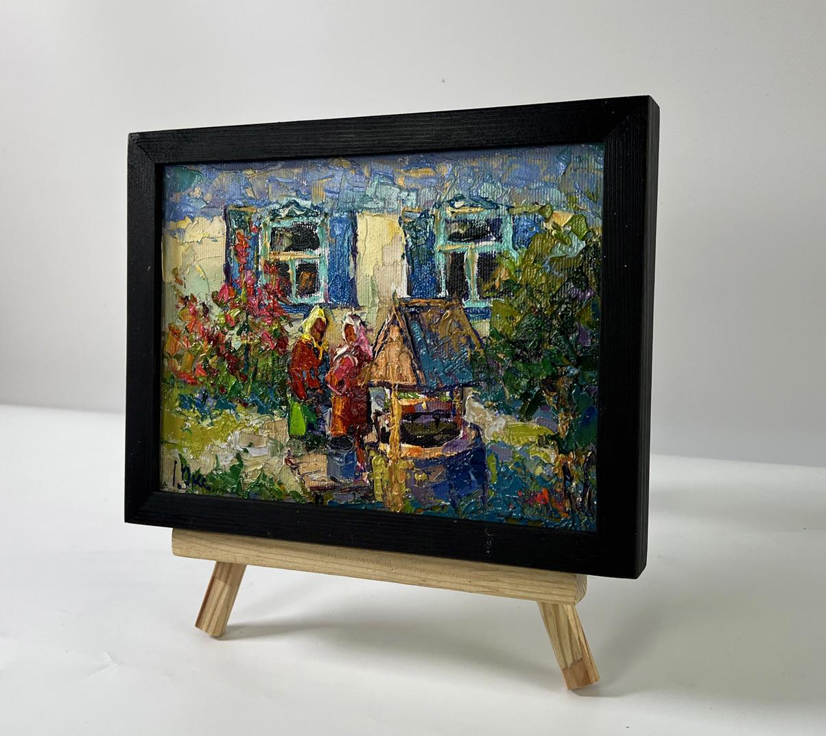 Oil painting At the Well in the Yard by Oksana Ivanyuk in black frame
