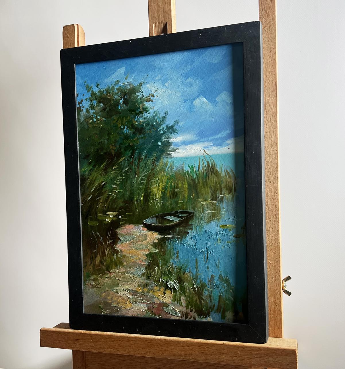 Framed oil painting of sunny lakeside by Yuriy Suprunchuk