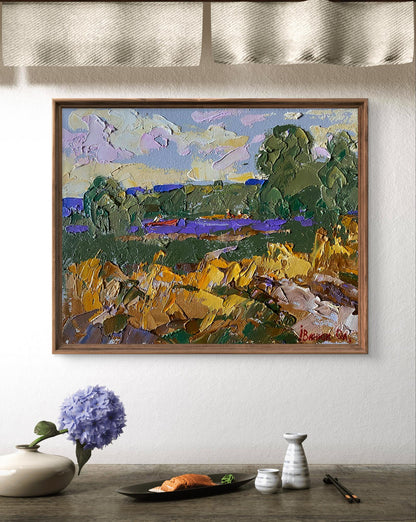 Oil painting Small river by Oleksiy Ivanyuk, vibrant impressionist landscape