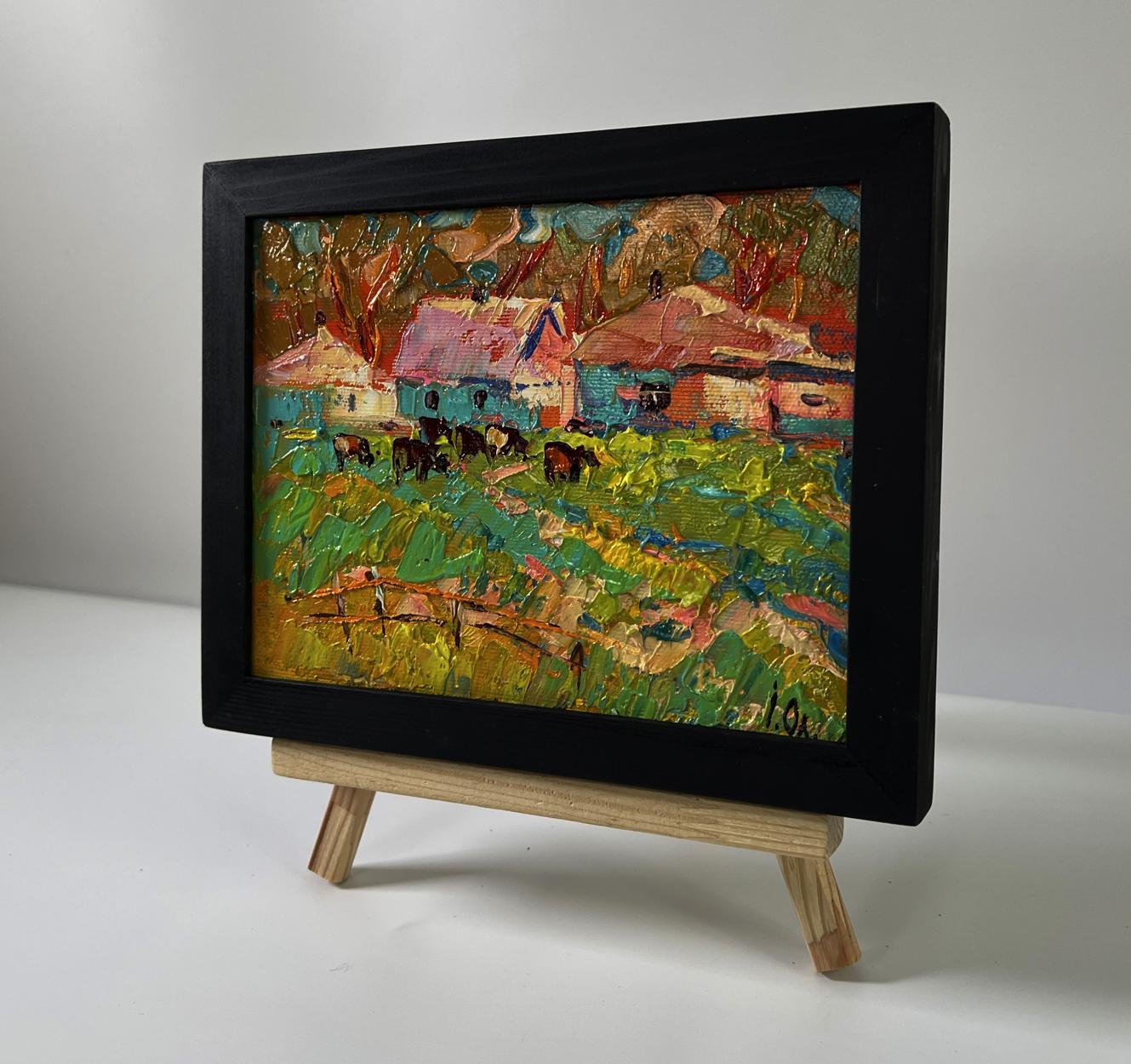 Oil painting Cows on a walk by Oleksiy Ivanyuk in black frame