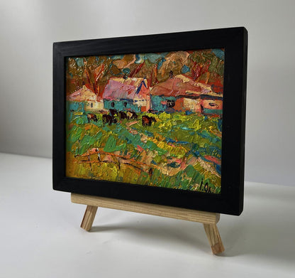 Oil painting Cows on a walk by Oleksiy Ivanyuk in black frame