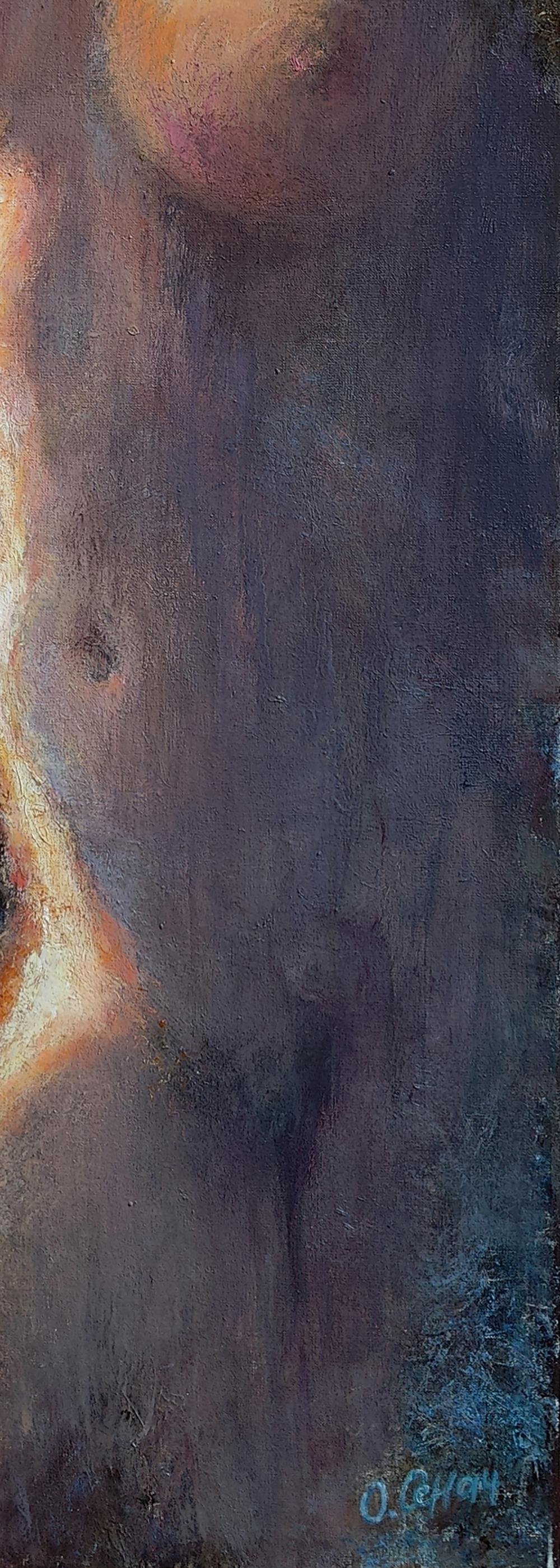 Textured impressionistic oil painting of female figure in light by Oksana Osnach