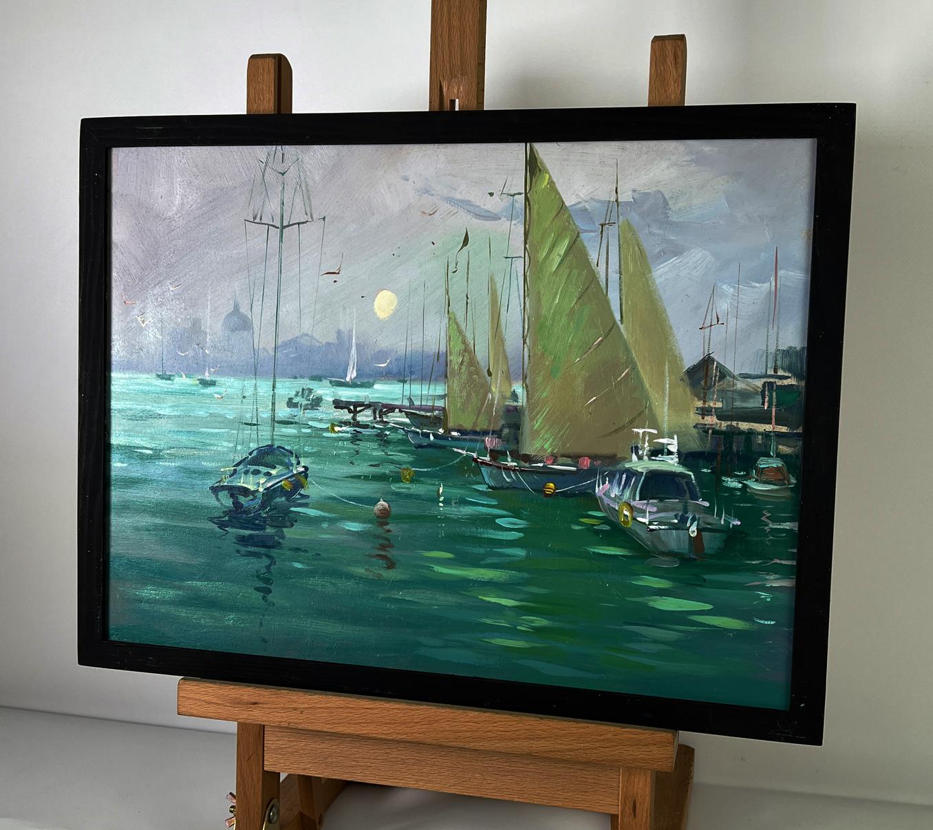 Oil painting of ships at the pier by Yuriy Suprunchuk in black frame