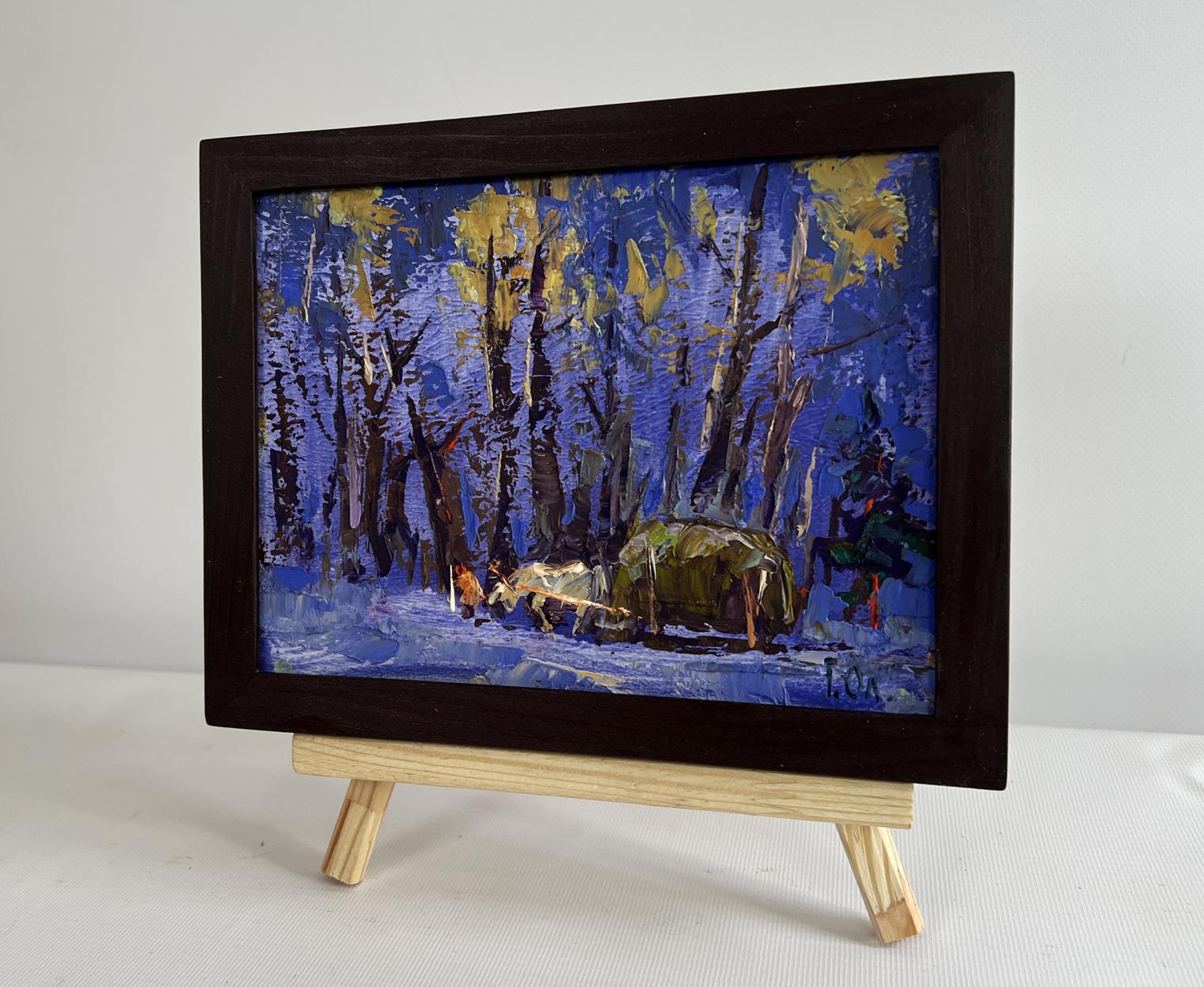 Oil painting Home on a winter evening by Oleksiy Ivanyuk on easel