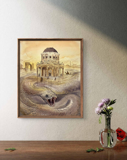 Framed Watercolor The Gate of Paradise by Dmytro Startsev serpent coiled around domed desert building