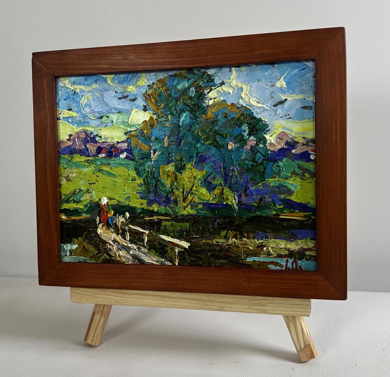 Oil painting On the Spring River by Oleksiy Ivanyuk in brown frame